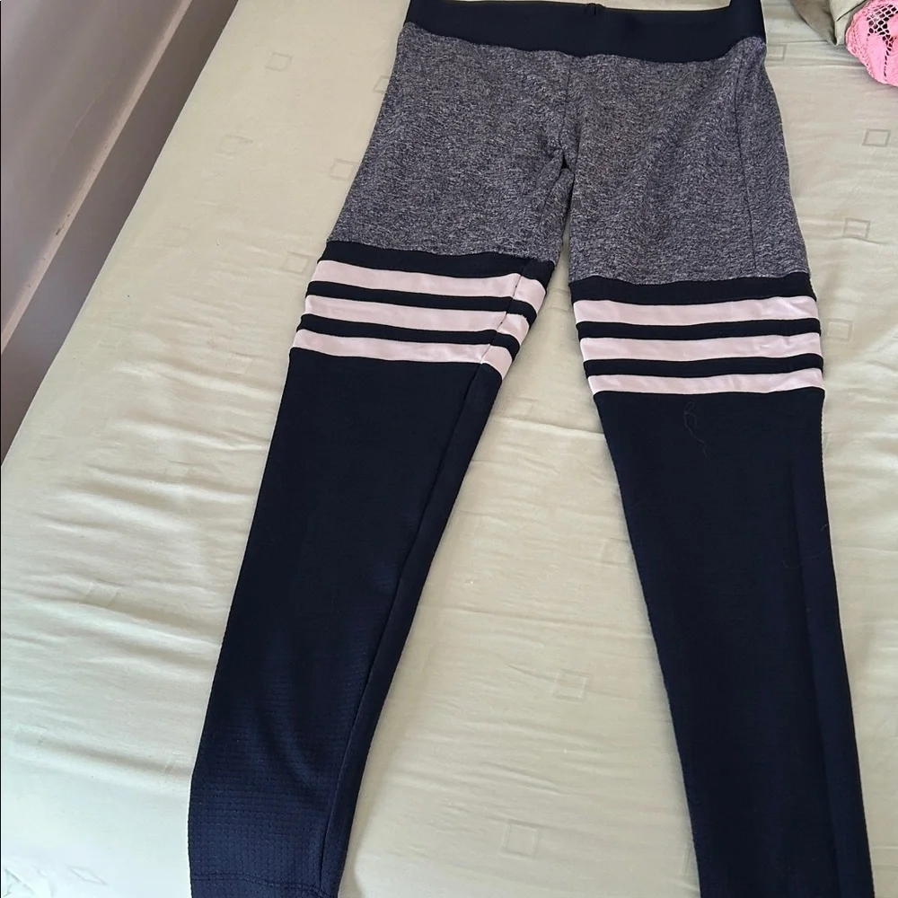 Bombshell Sportswear Navy, Gray thigh high mid rise Striped Leggings - Picture 2 of 3